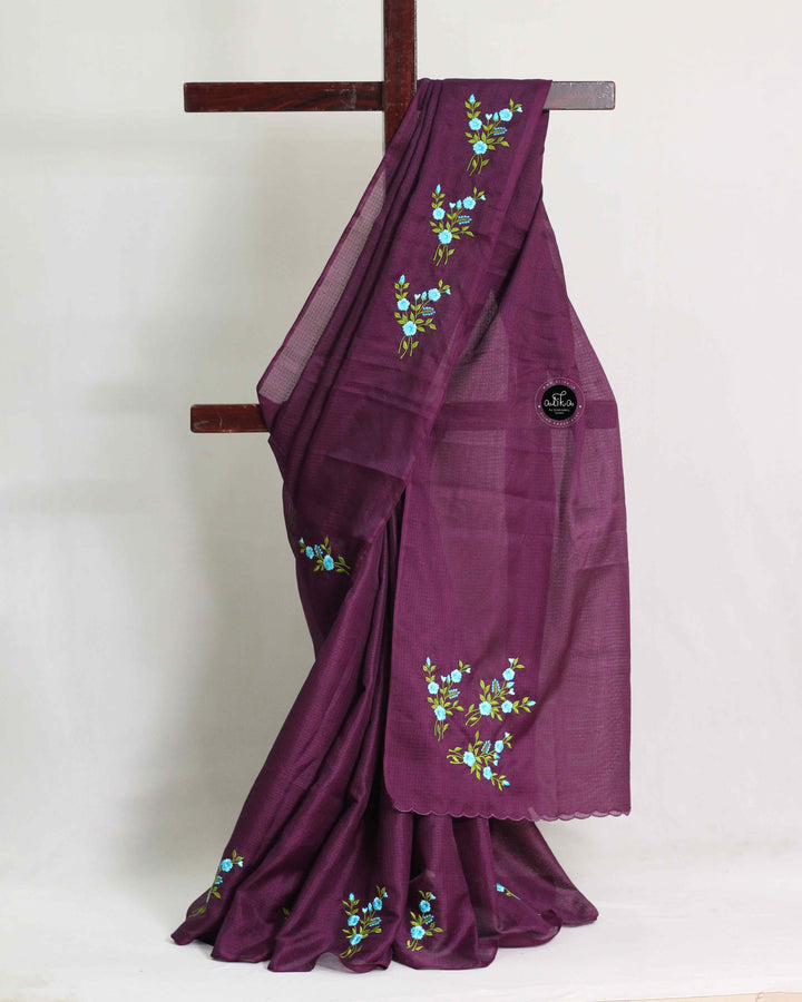 Dark Purple Silky Kota Saree with Floral Machine Embroidery