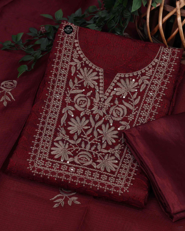 Maroon Silky Kota Salwar Set with Floral Embroidery and Sequin Work