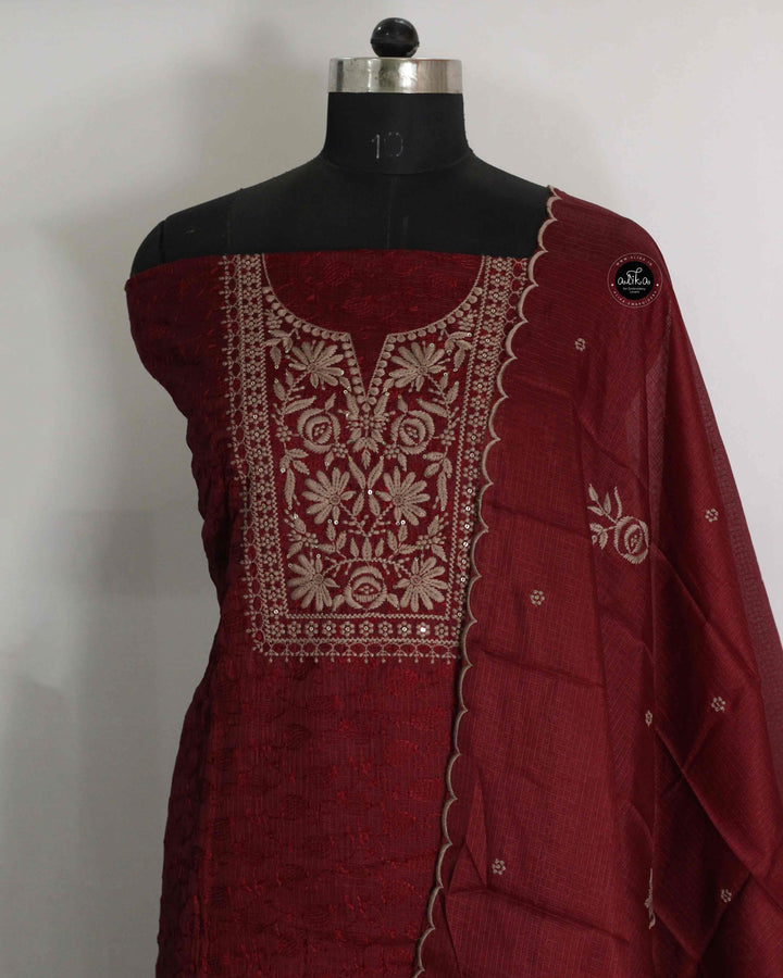 Maroon Silky Kota Salwar Set with Floral Embroidery and Sequin Work