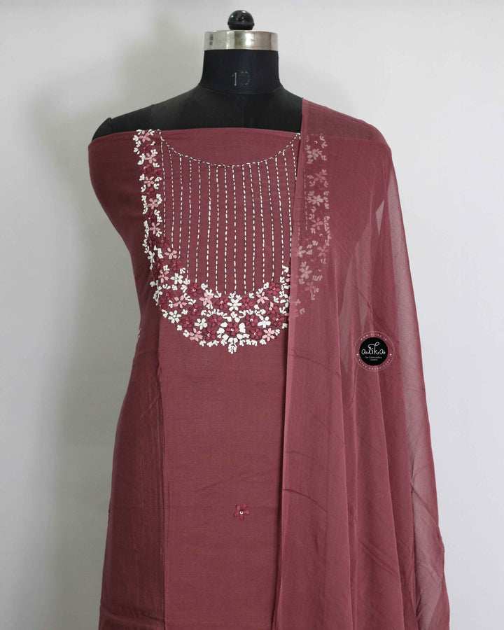Deep Brown Semi-Silk Unstitched Salwar Set with Floral Hand Embroidery &amp; Sequins