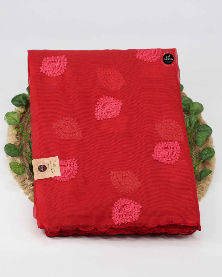 Red Net Kota Saree with Floral Machine Embroidery
