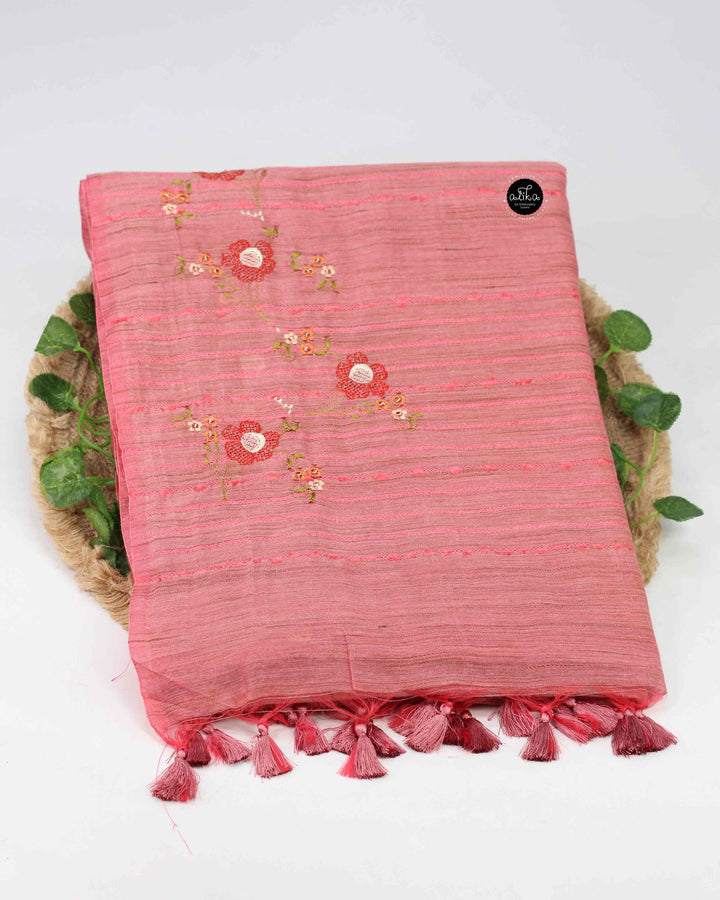 Dusty Orange Semi Linen Saree with Floral Machine Embroidery