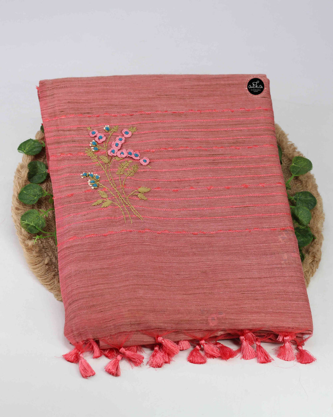 Dusty Orange Semi Linen Saree with Floral Hand Embroidery