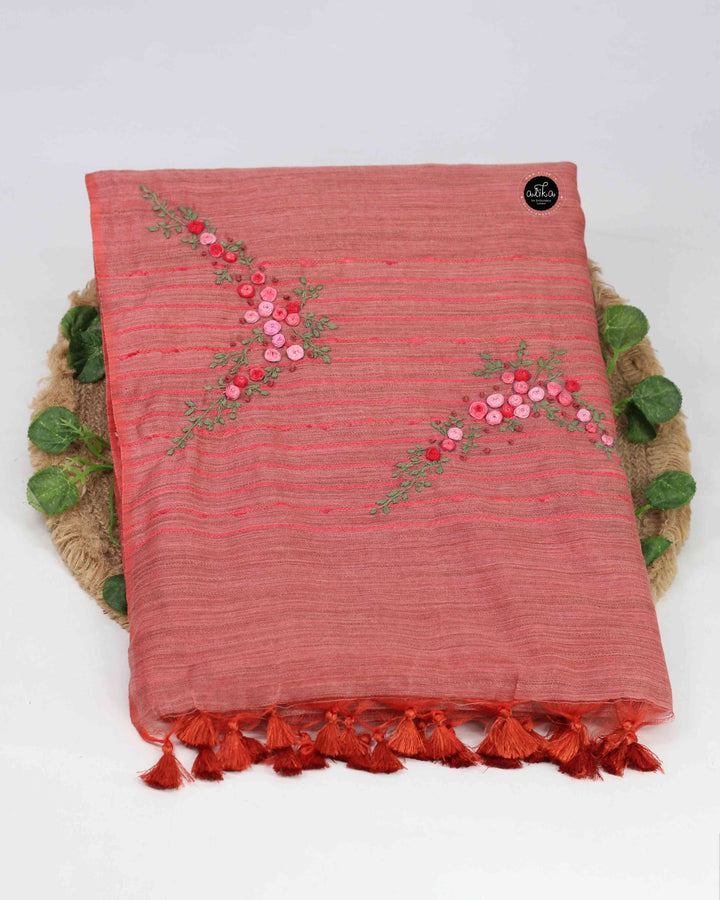 Dusty Orange Bamboo Silk Saree with Floral Hand Embroidery