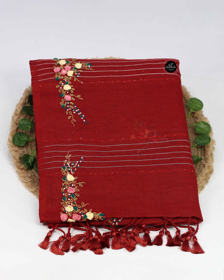 Red Pure Linen Saree with Floral Hand Embroidery-Blouse material is not included with this saree