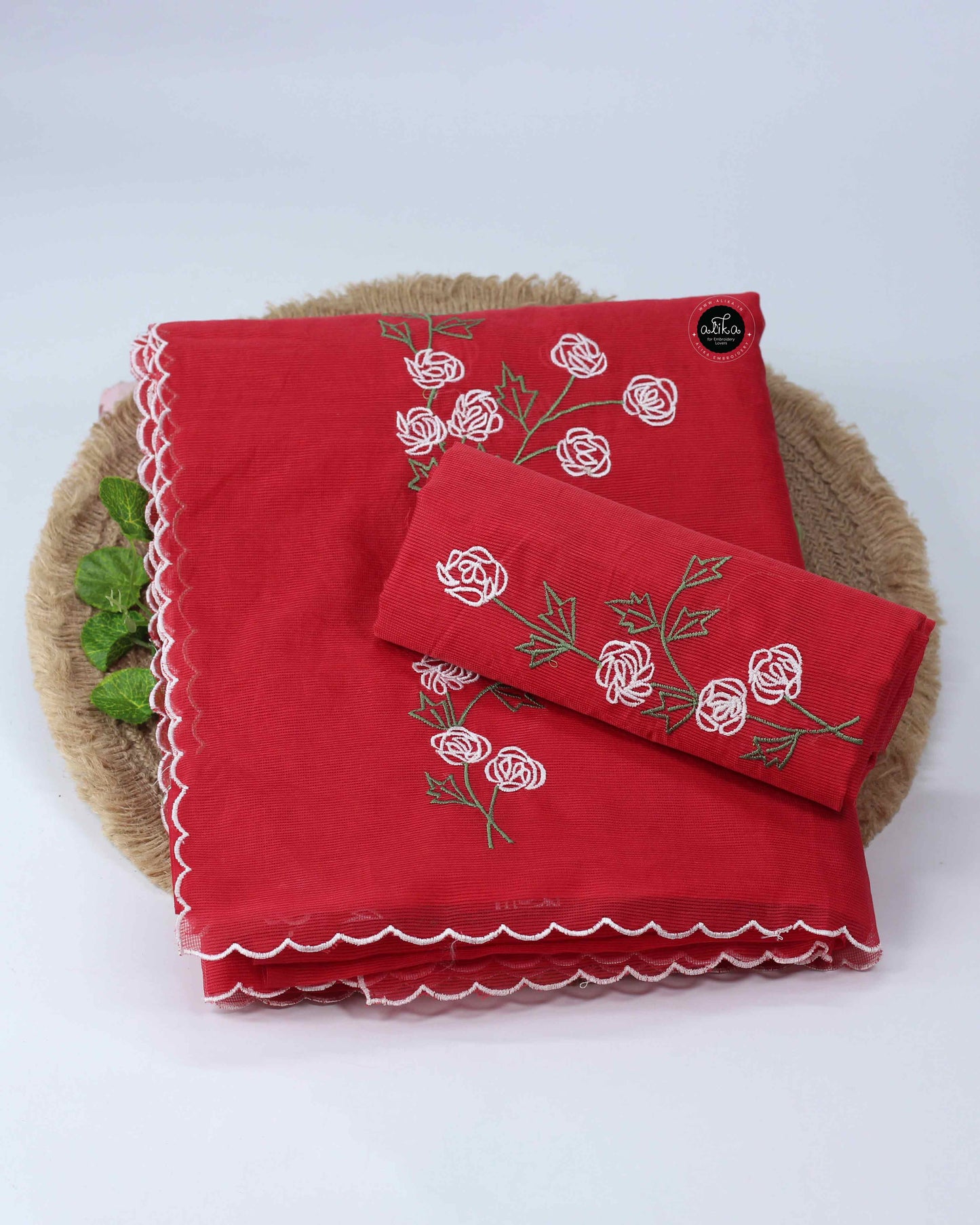 Red Kota Saree with Floral Machine Embroidery