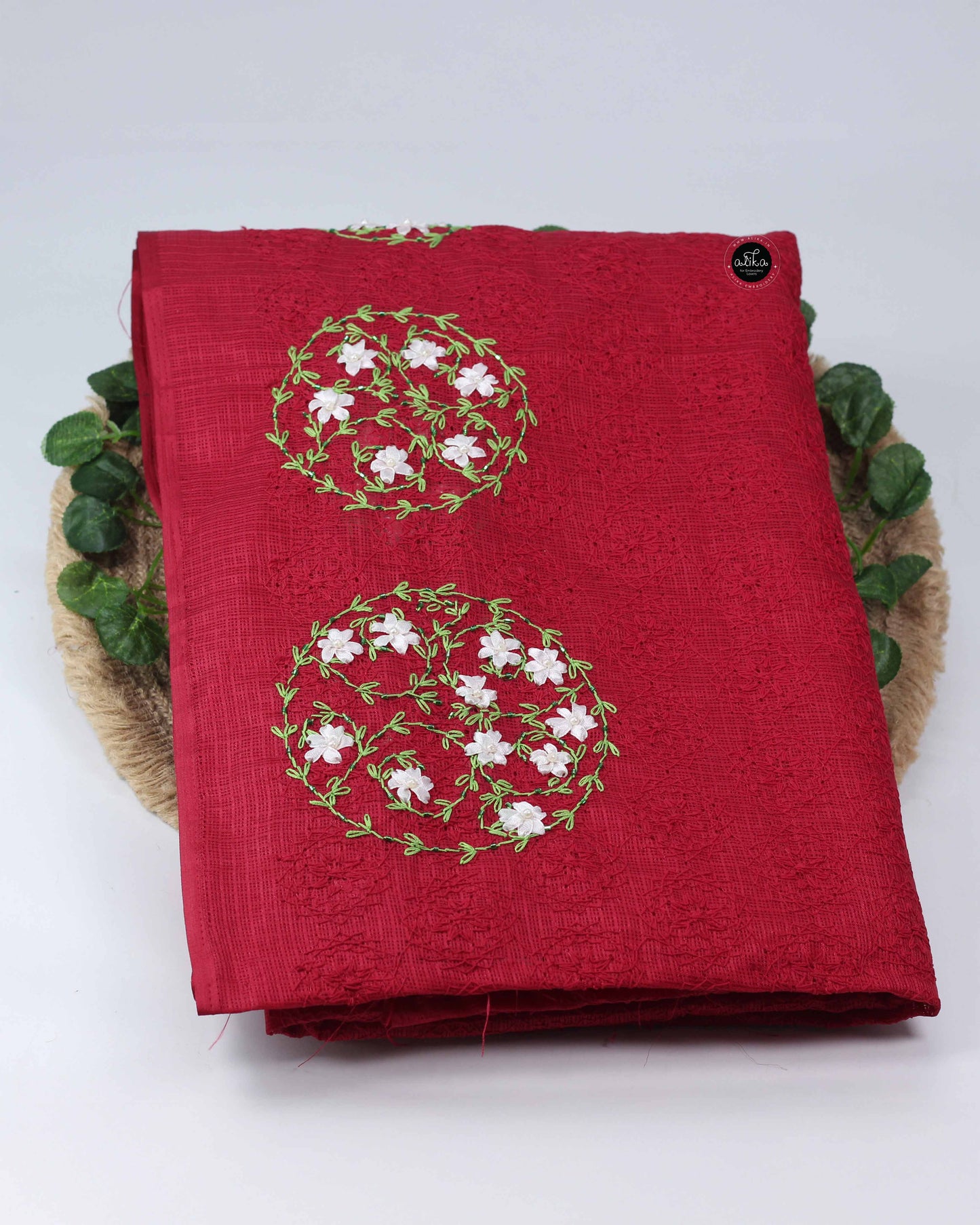 Red Phulkari Saree with Floral Hand Embroidery