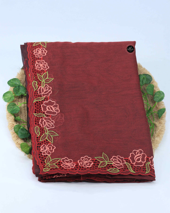 Maroon Kota Saree with Floral Cutwork Border