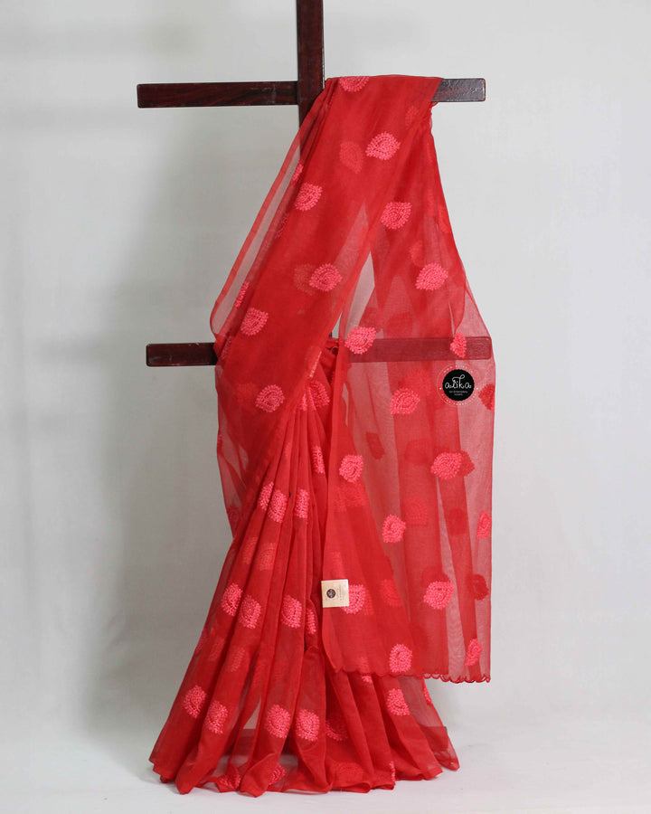 Red Net Kota Saree with Floral Machine Embroidery