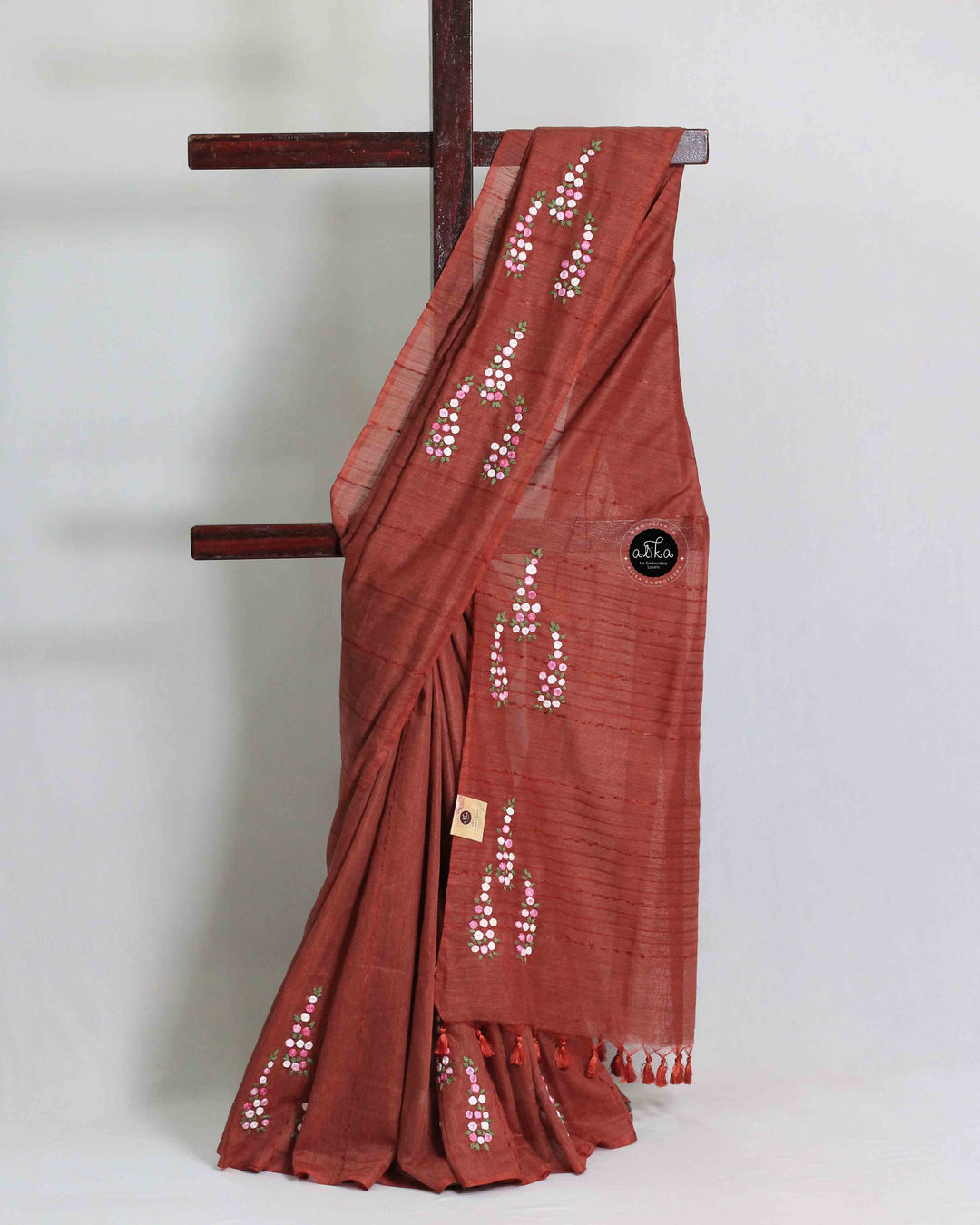 Rust Brown Semi Linen Saree with Floral Hand Embroidery