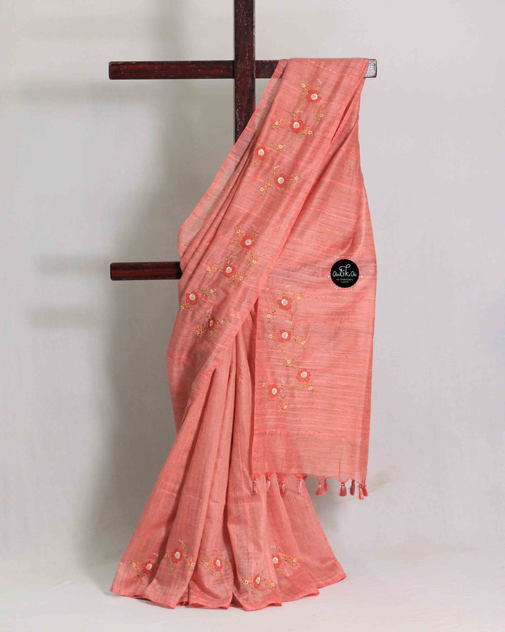 Dusty Orange Semi Linen Saree with Floral Machine Embroidery