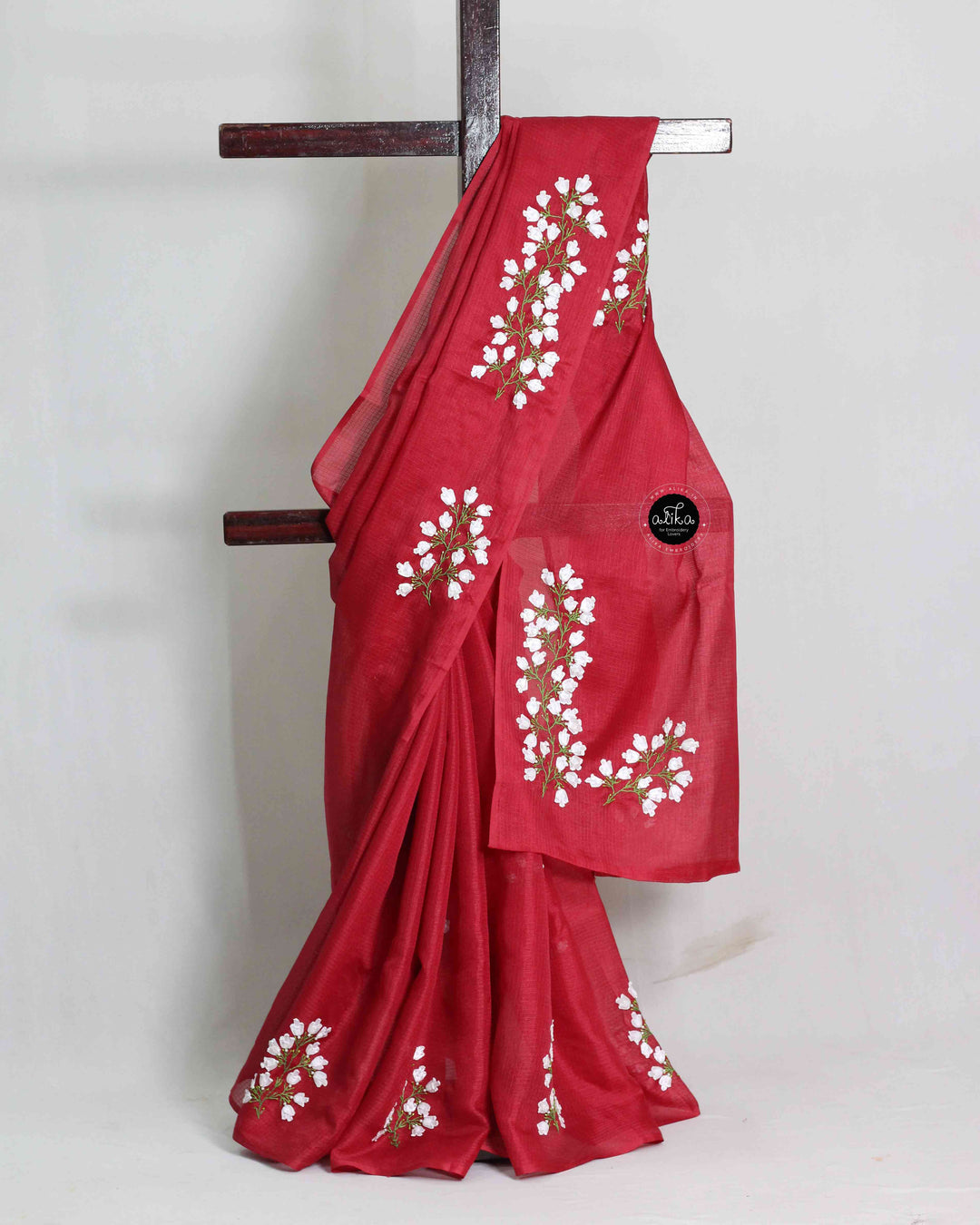 Chilli Red Silky Kota Saree with Floral Ribbon Work &amp; Phulkari Blouse