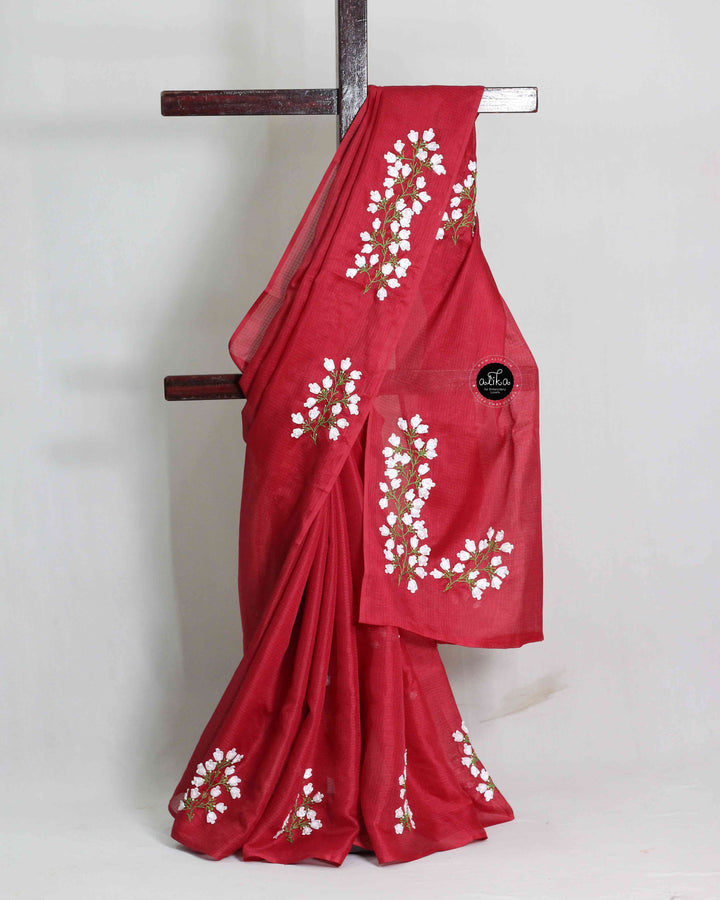 Chilli Red Silky Kota Saree with Floral Ribbon Work &amp; Phulkari Blouse