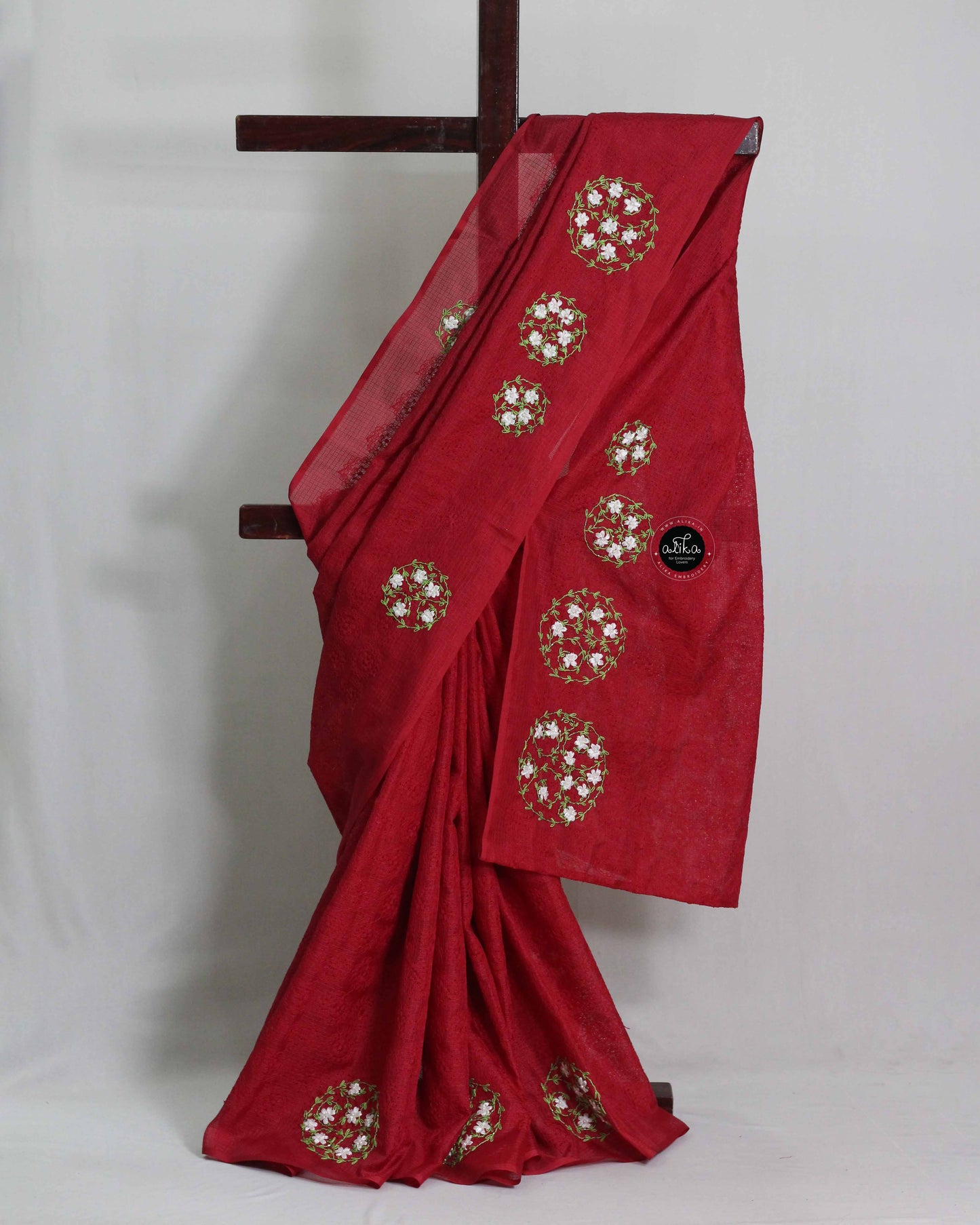 Red Phulkari Saree with Floral Hand Embroidery