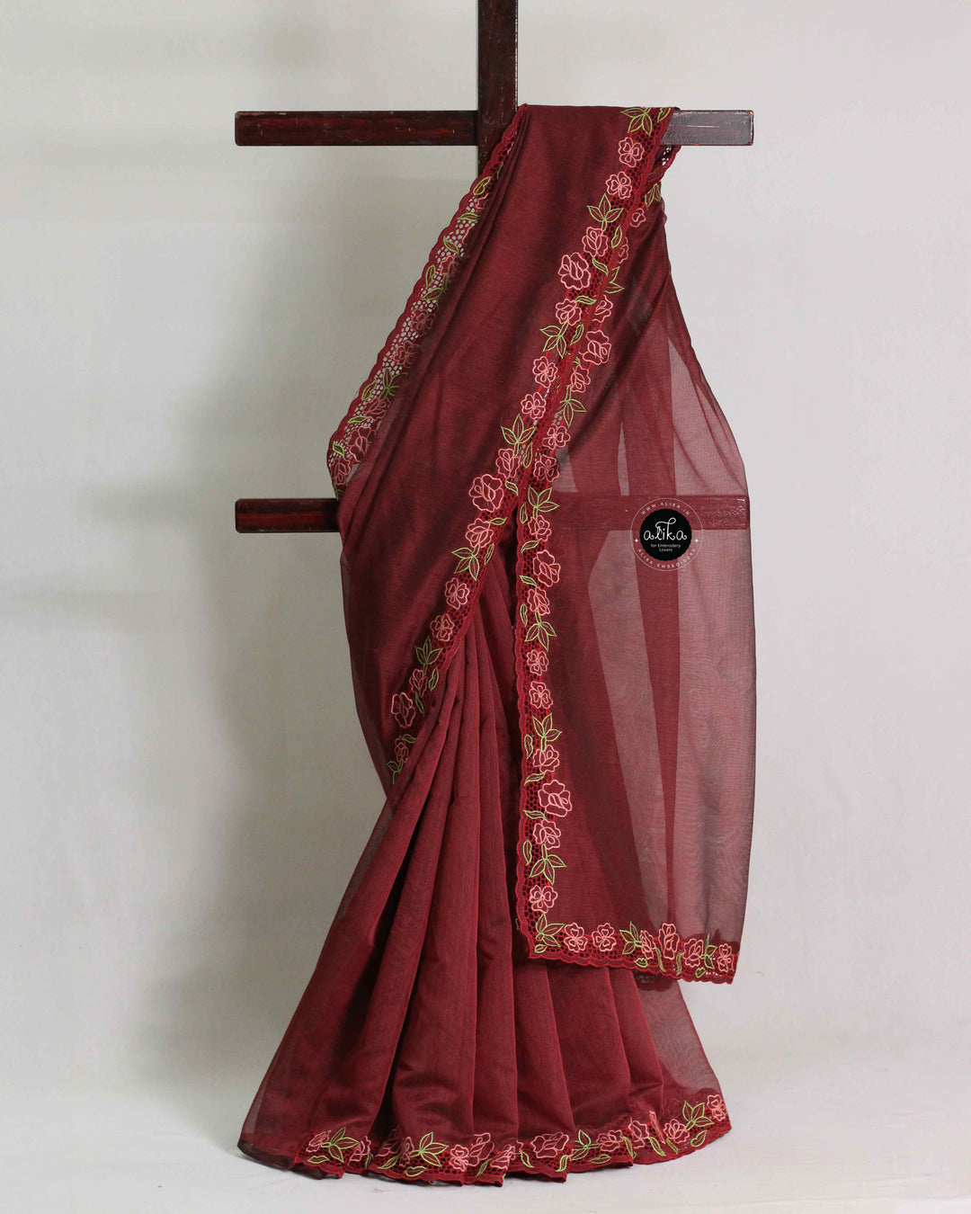 Maroon Kota Saree with Floral Cutwork Border