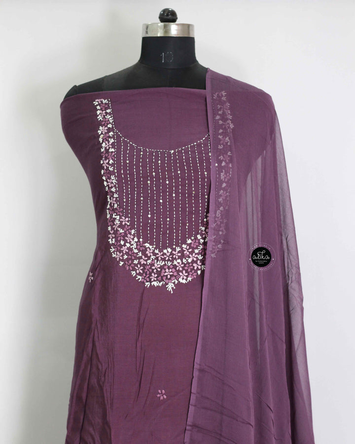 Dark Purple Semi-Silk Unstitched Salwar Set with Floral Hand Embroidery &amp; Sequins