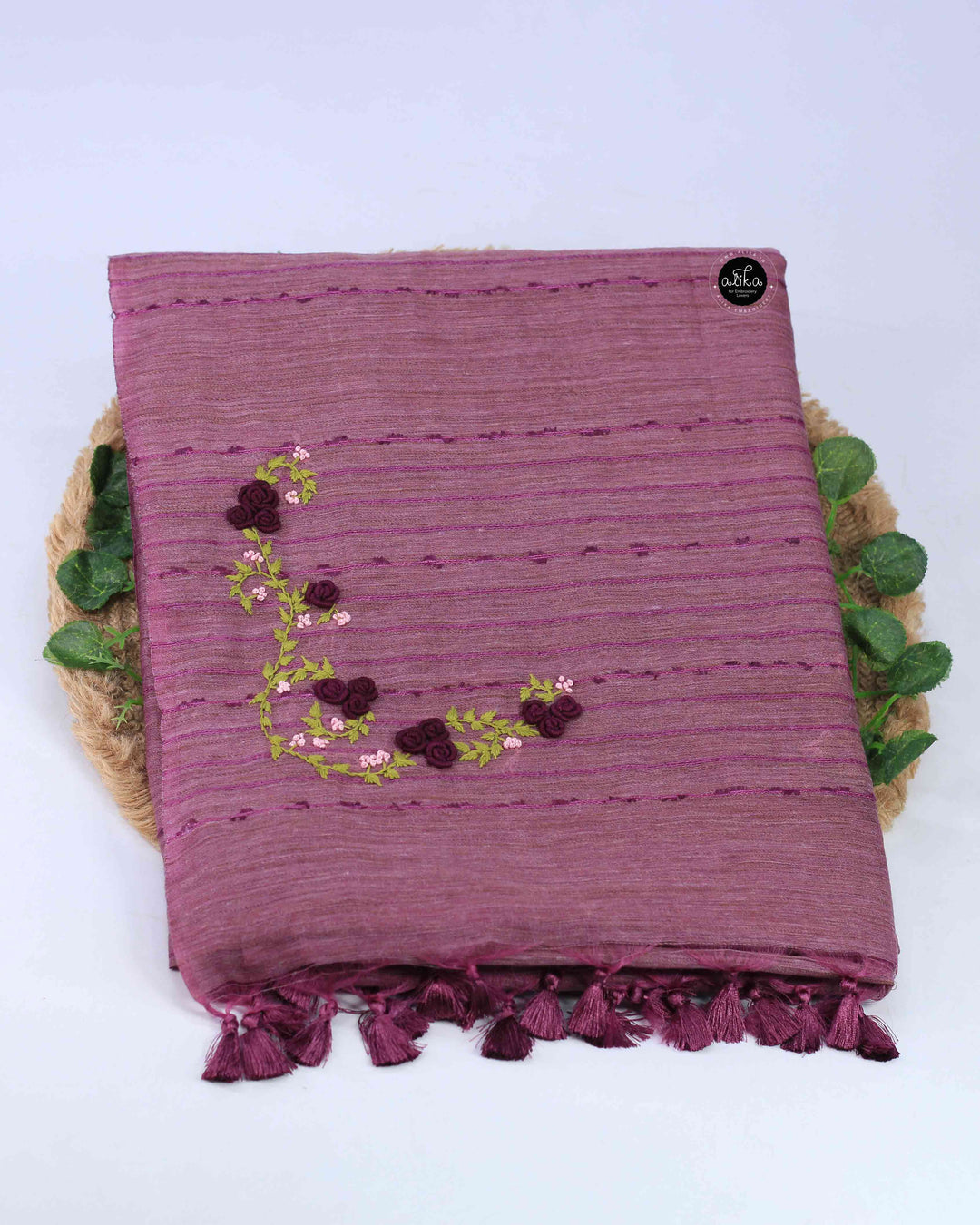 Mauve Purple Semi Linen Saree with Floral Hand Embroidery