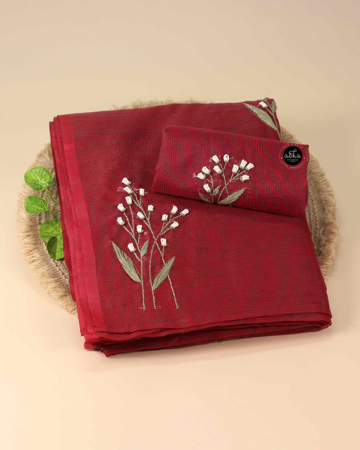 Red Noel Kota Saree with Hand Embroidery