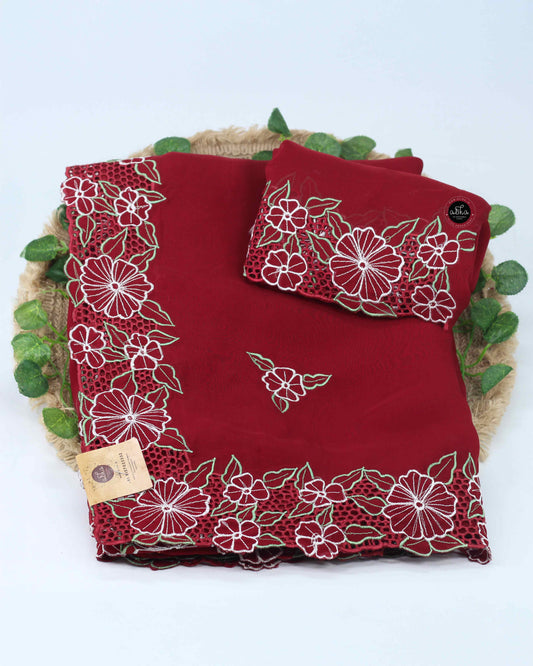 Maroon Organza Saree with Floral Cutwork Border – Elegant Party Wear