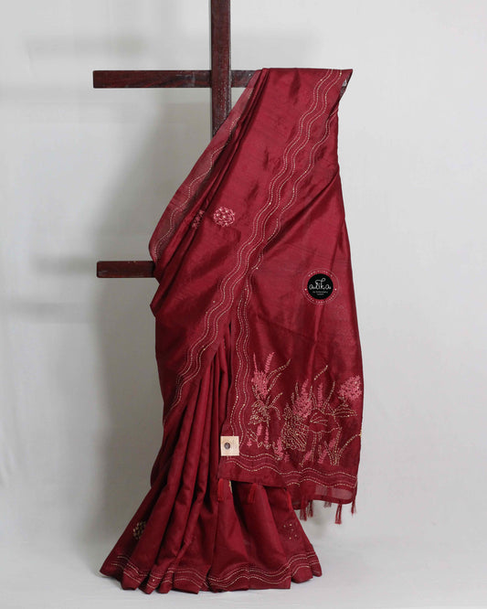 Maroon Semi Silk Saree with Floral Hand Embroidery