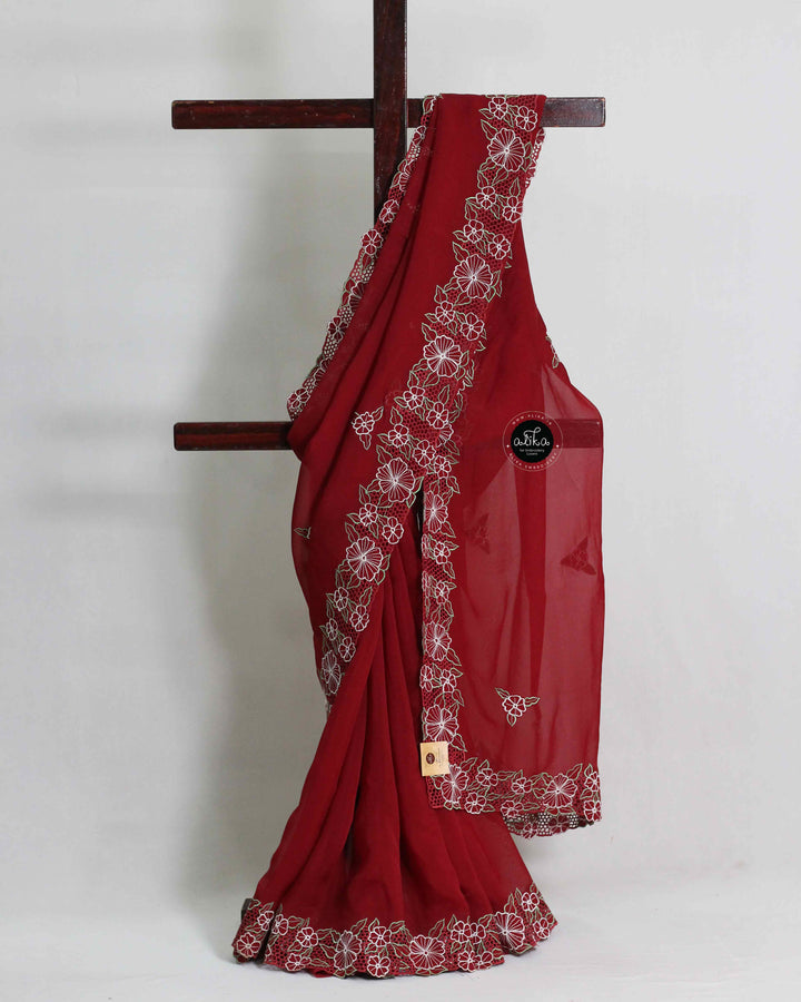 Maroon Organza Saree with Floral Cutwork Border