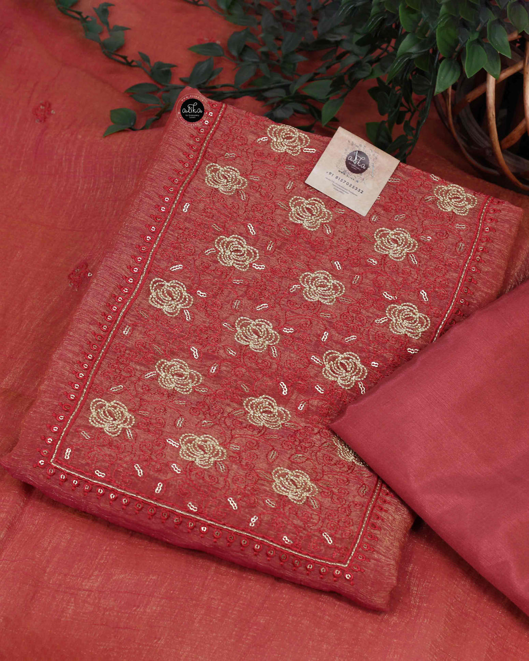 Brick Red Crushed Silk Salwar Set with Floral Machine Embroidery