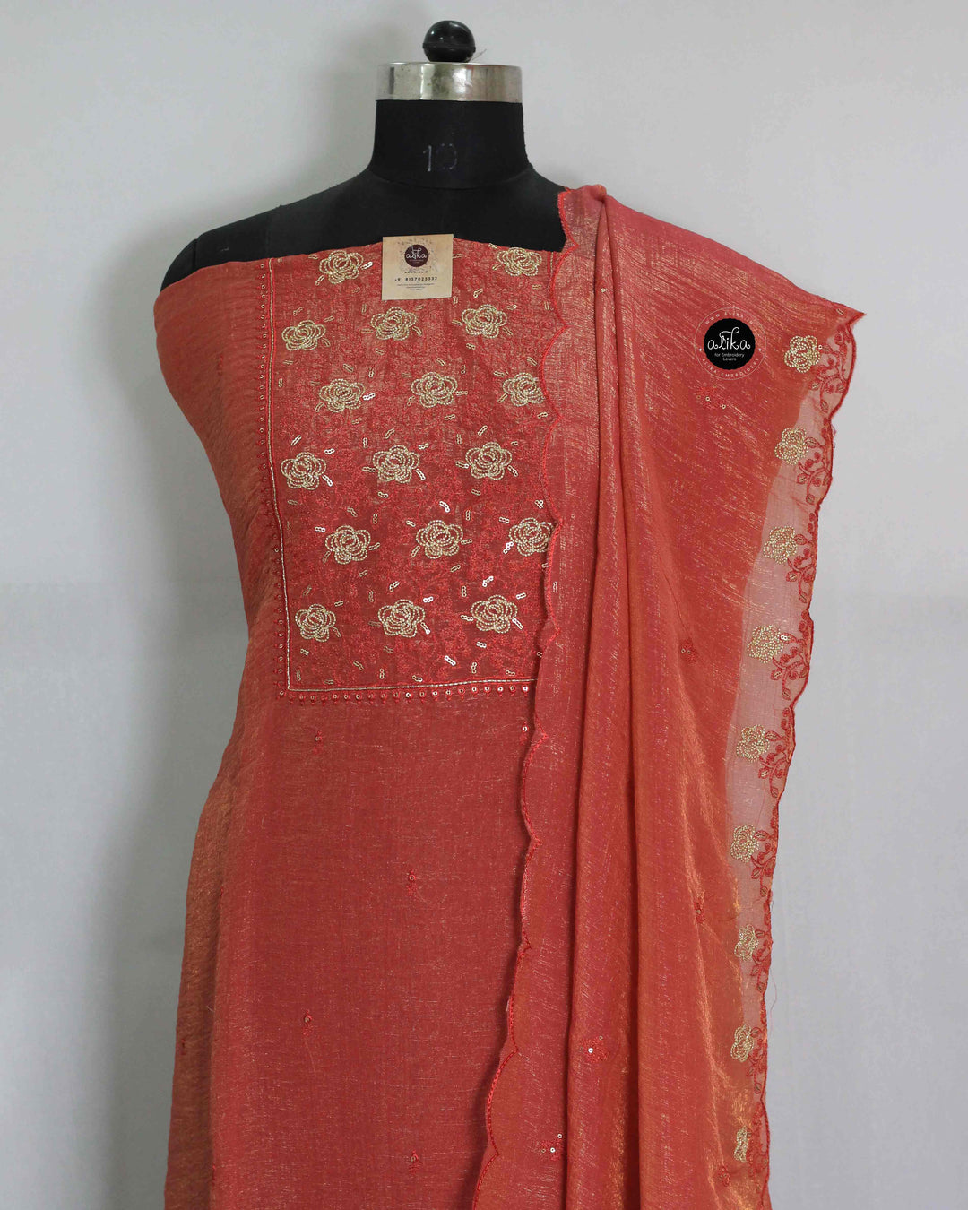 Brick Red Crushed Silk Salwar Set with Floral Machine Embroidery