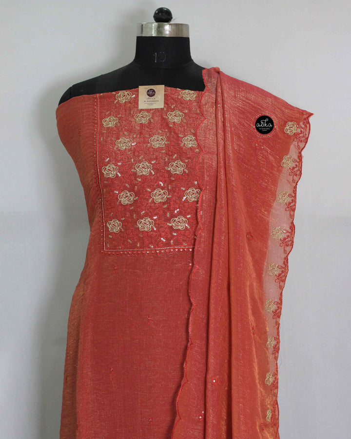 Brick Red Crushed Silk Salwar Set with Floral Machine Embroidery