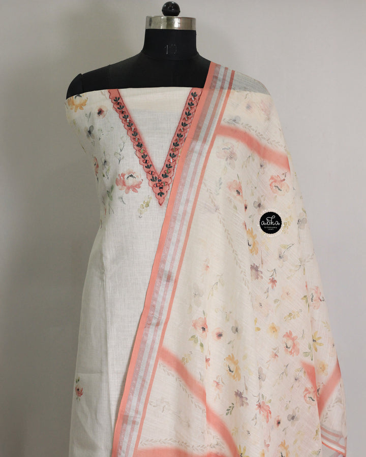 Off White Linen Unstitched Salwar Set with Floral Prints &amp;amp; Mirror Work
