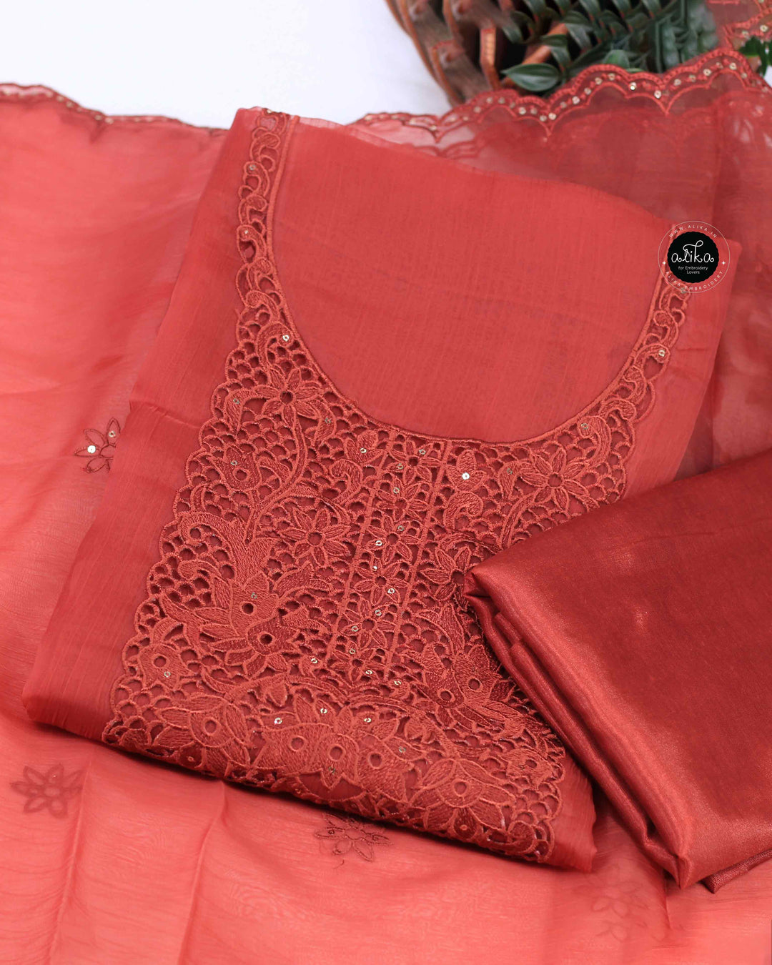 Brick Red Crushed Silk Unstitched Salwar Set with Twine Cutwork &amp; Sequin Work