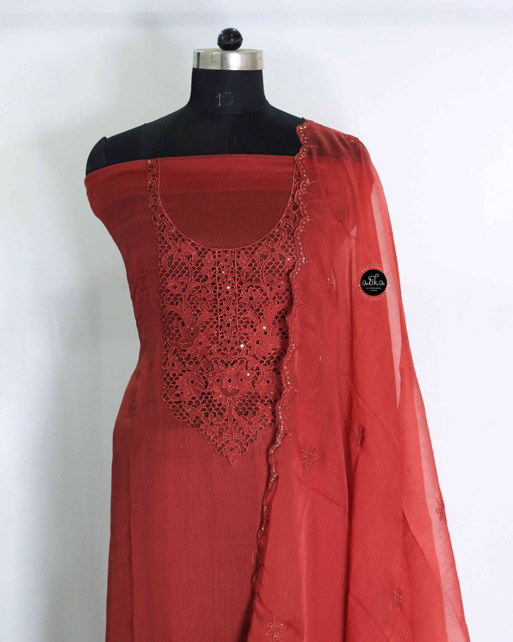 Brick Red Crushed Silk Unstitched Salwar Set with Twine Cutwork &amp; Sequin Work