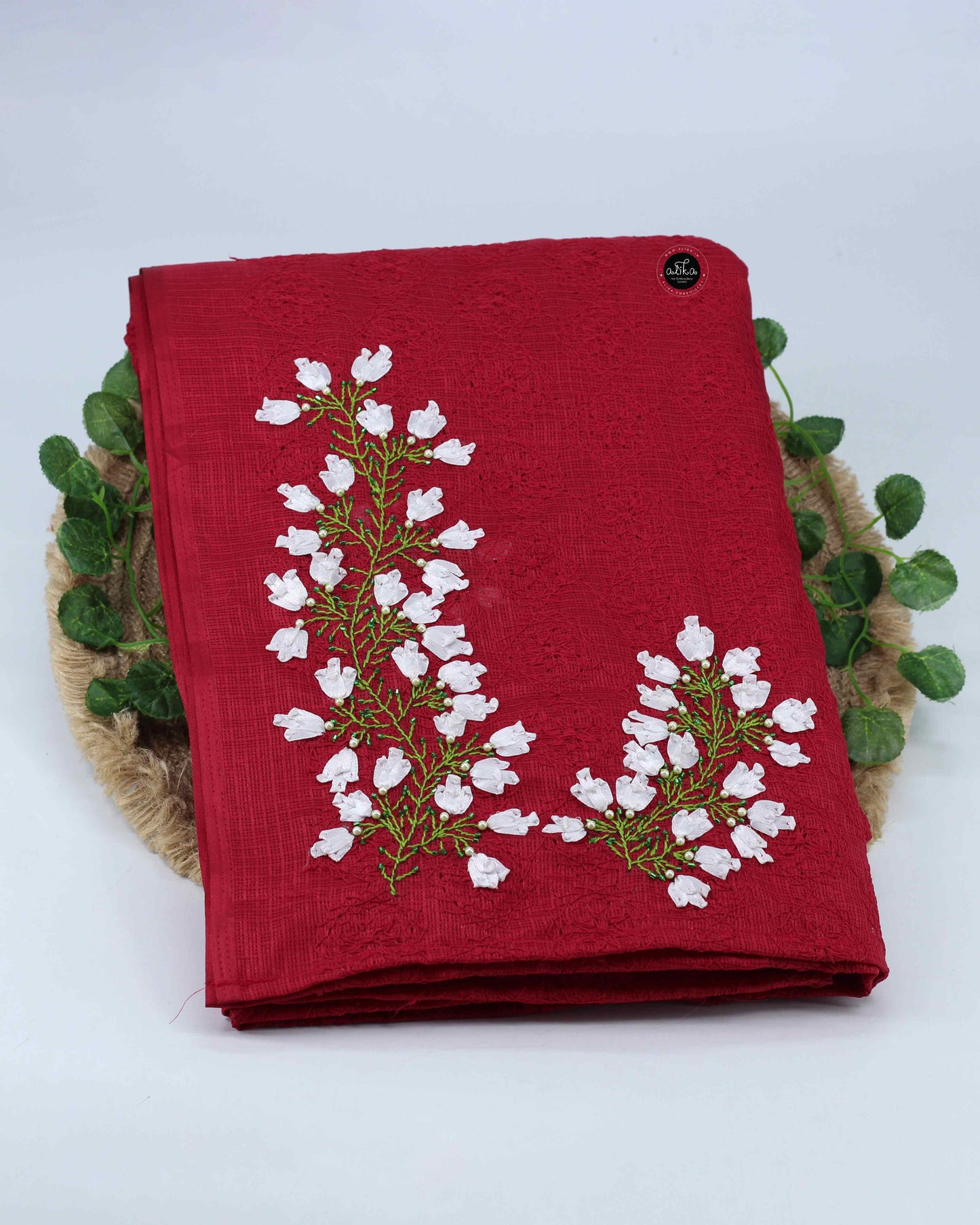 Maroon Phulkari Saree with Floral Ribbon Work – Elegant Festive Wear