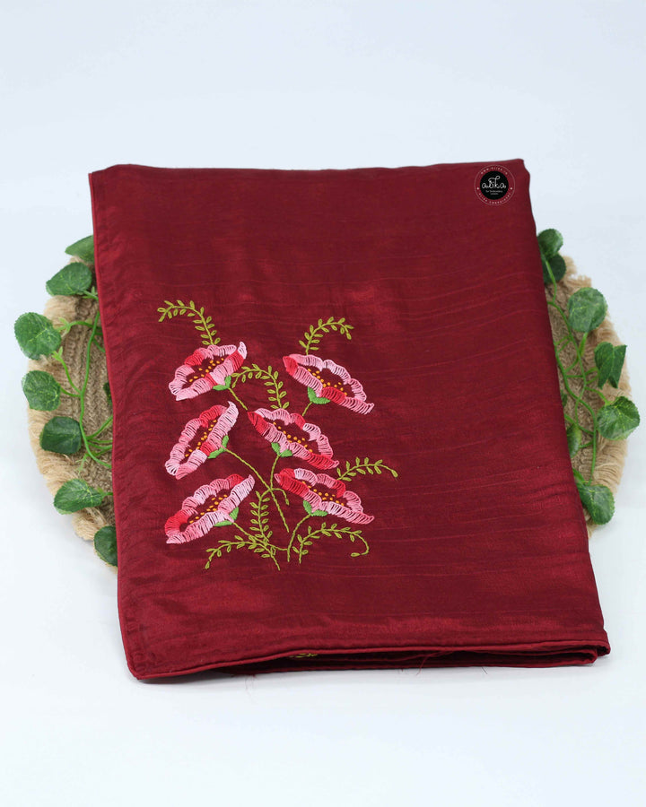 Maroon Semi Silk Saree with Floral Hand Embroidery