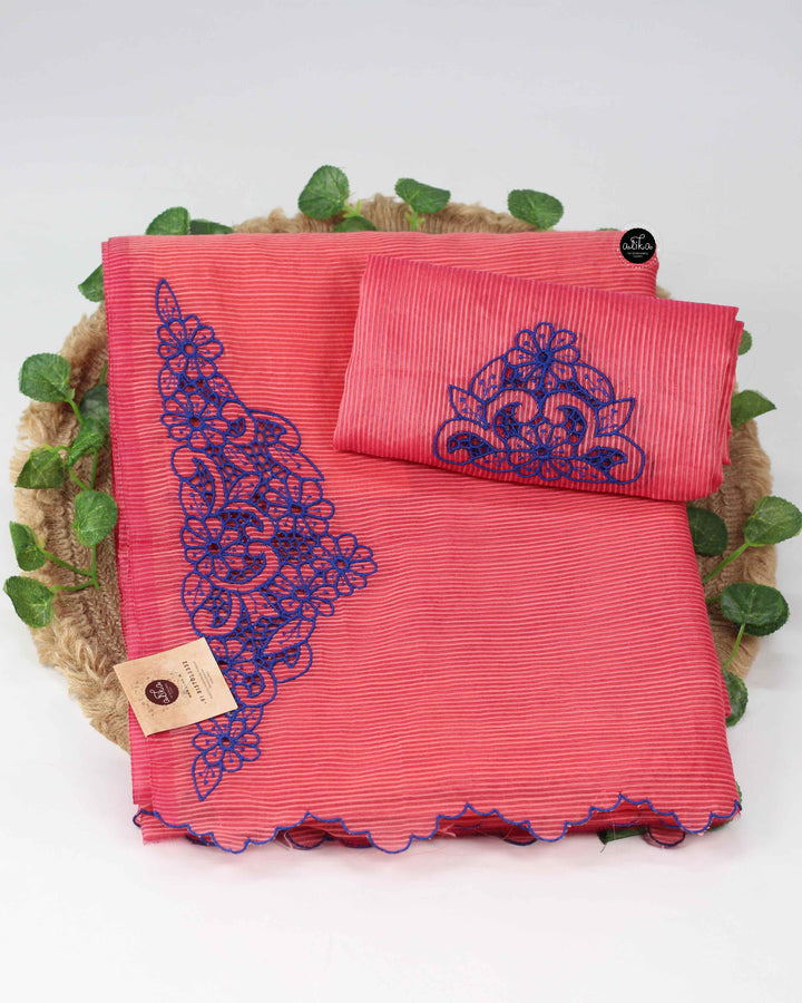 Dark Peach Kota Saree with Floral Cutwork
