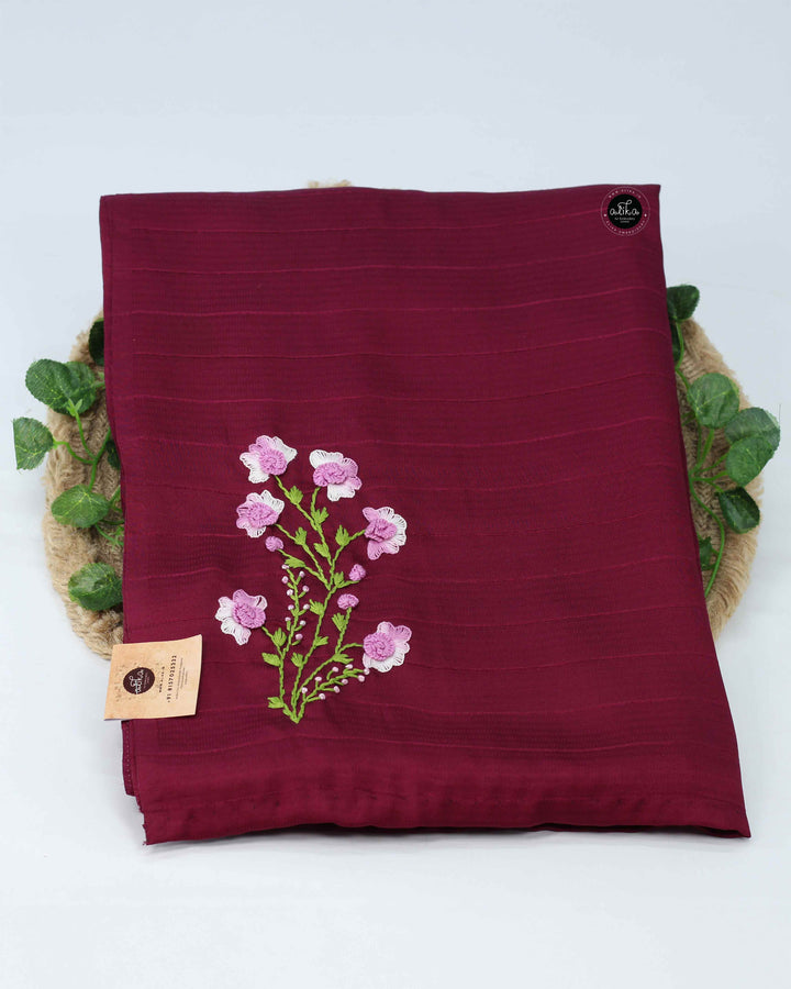 Wine Purple Semi Silk Saree with Floral Hand Embroidery