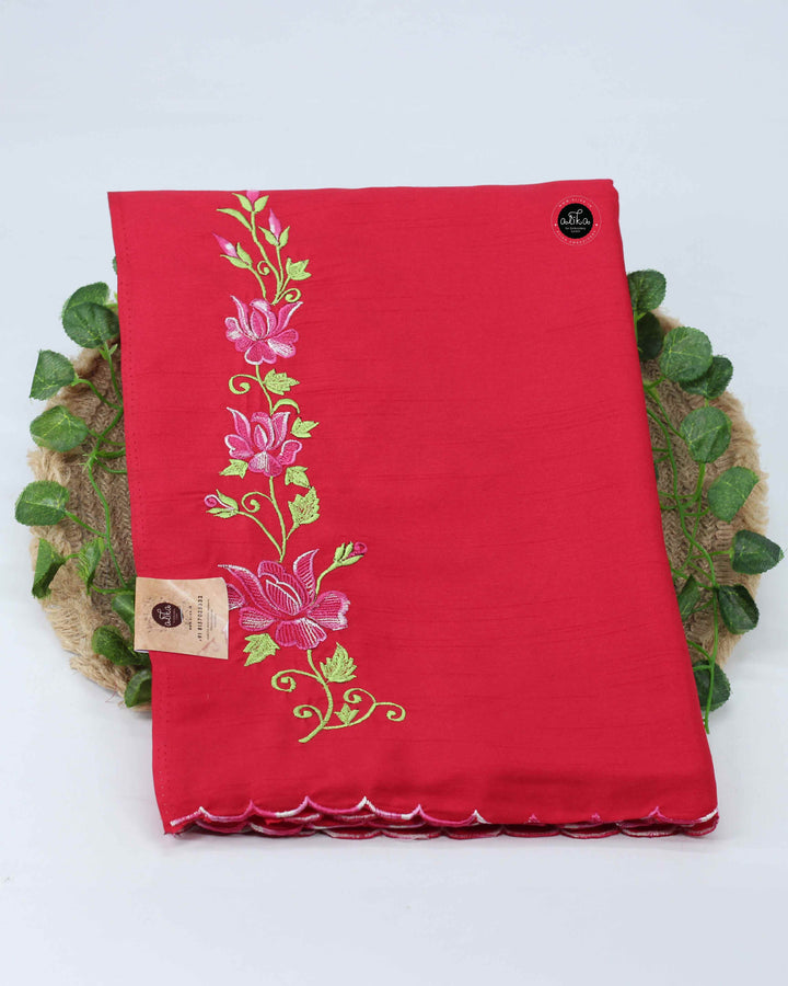 Cherry Red Soft Silk Saree with Floral Machine Embroidery