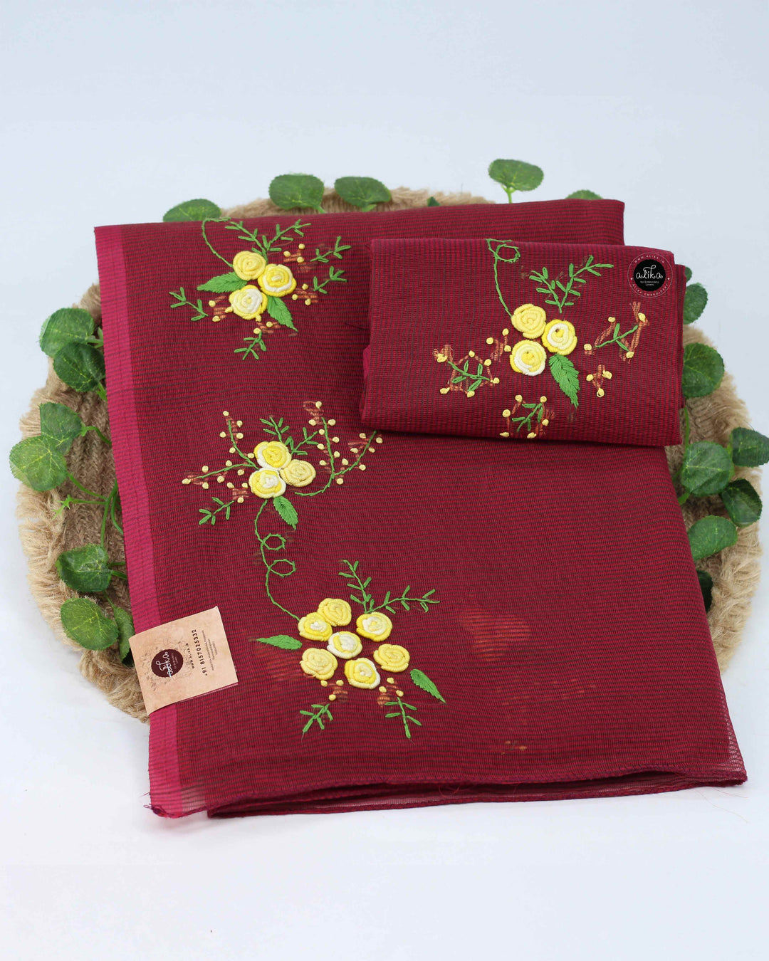Maroon Kota Saree with Floral Hand Embroidery