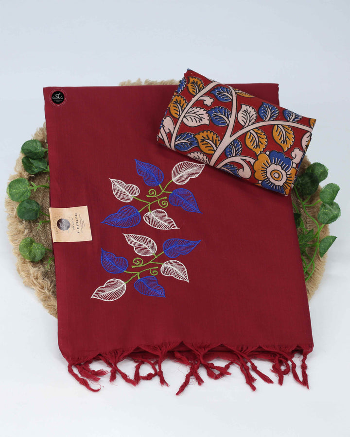 Maroon Chanderi Cotton Saree with Floral Machine Embroidery