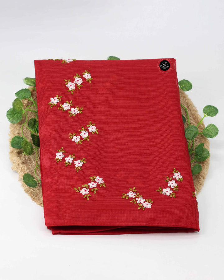 Red Silky Kota Saree with Floral Hand Embroidery