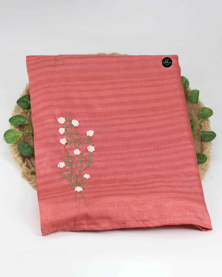 Brick Red Semi Silk Saree with Floral Hand Embroidery