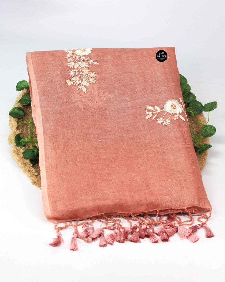 Coral Peach Pure Linen Saree with Floral Embroidery