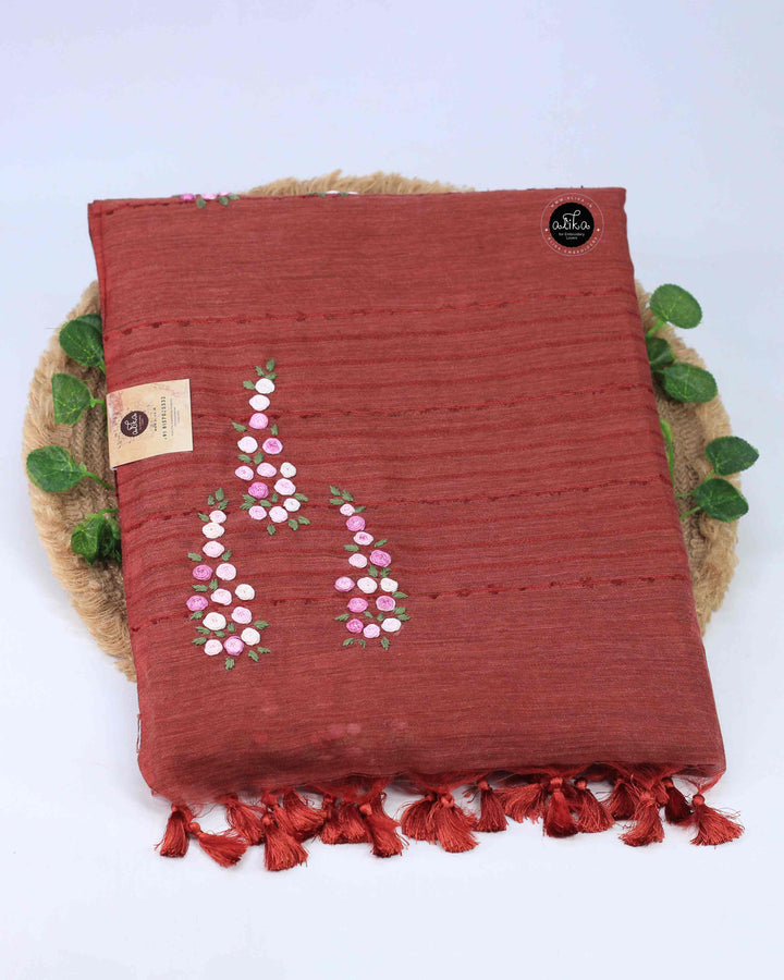 Rust Brown Semi Linen Saree with Floral Hand Embroidery