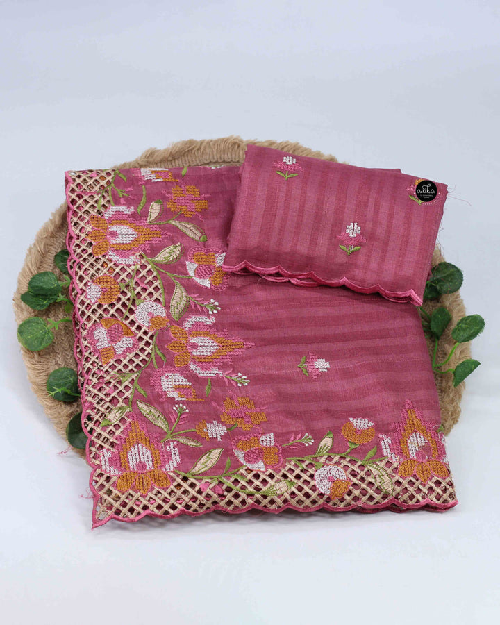 Light Maroon Semi Silk Saree with Floral Cutwork Border