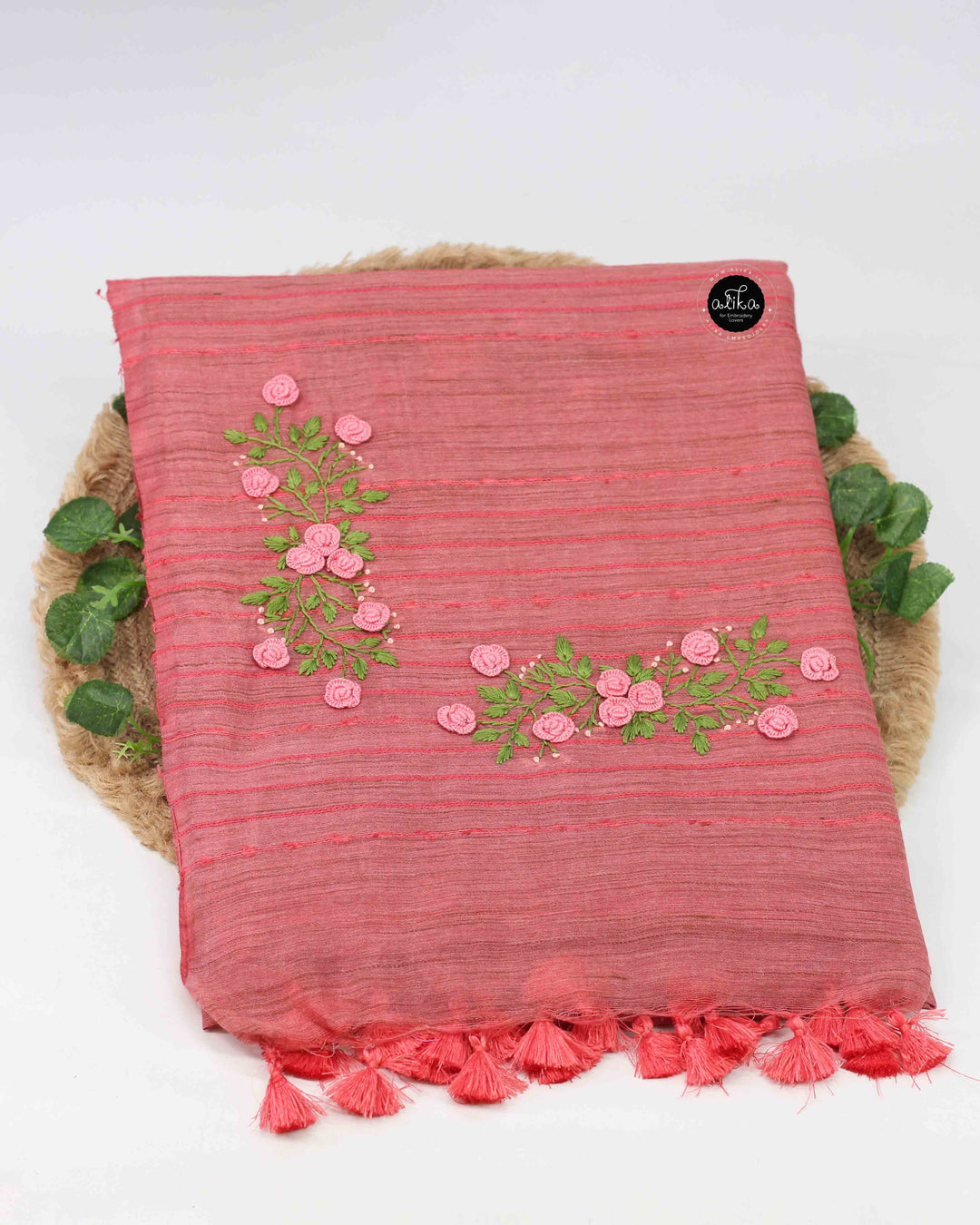 Dusty Orange Semi Linen Saree with Floral Hand Embroidery