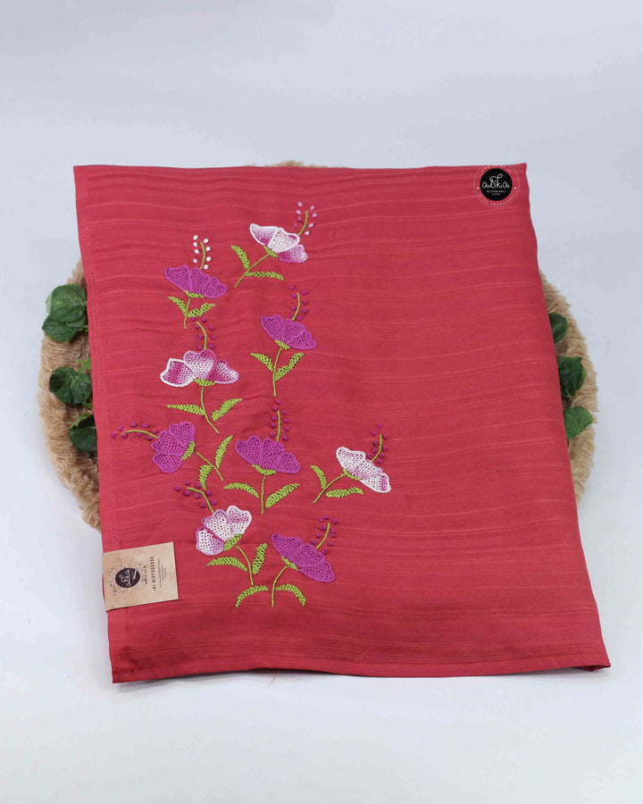 Dark Lavender Semi Silk Saree with Floral Hand Embroidery