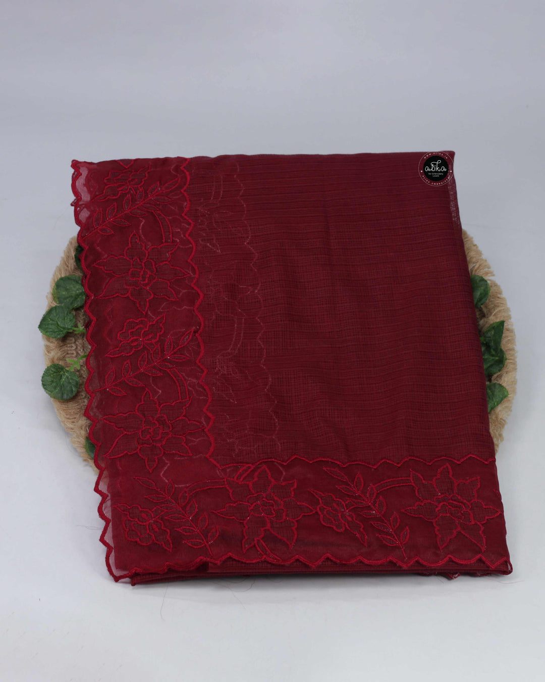 Maroon Silky Kota Saree with Floral Appliqué Border