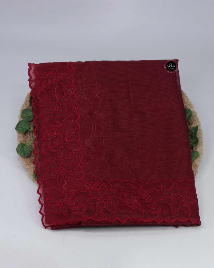 Maroon Silky Kota Saree with Floral Appliqué Border