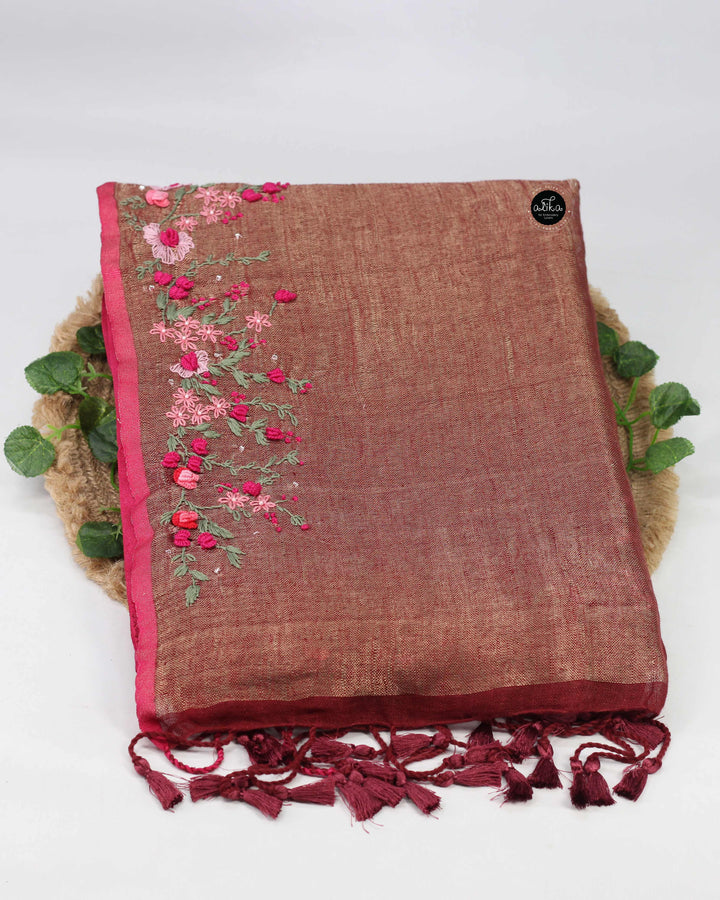 Maroon Pure Linen Saree with Floral Hand Embroidery