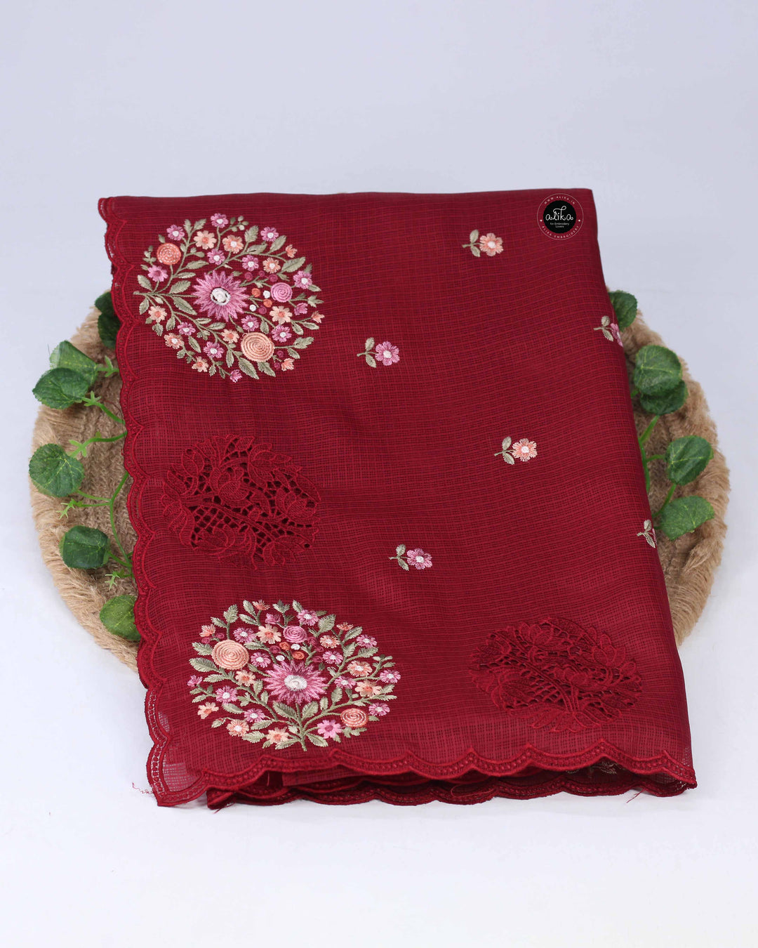 Maroon Silky Kota Saree with Floral Machine Embroidery &amp; Cutwork