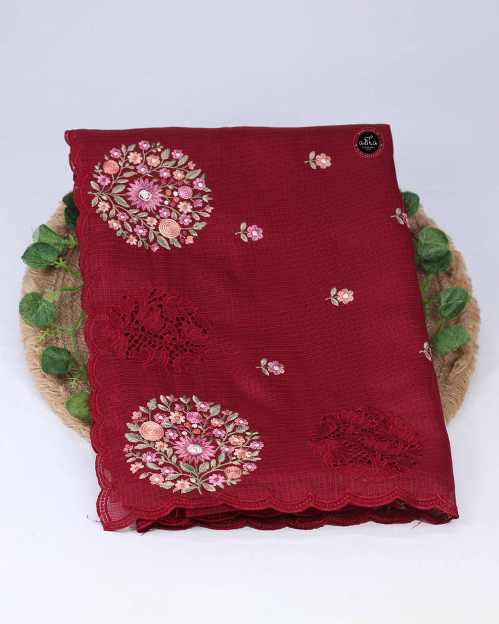 Maroon Silky Kota Saree with Floral Machine Embroidery &amp; Cutwork